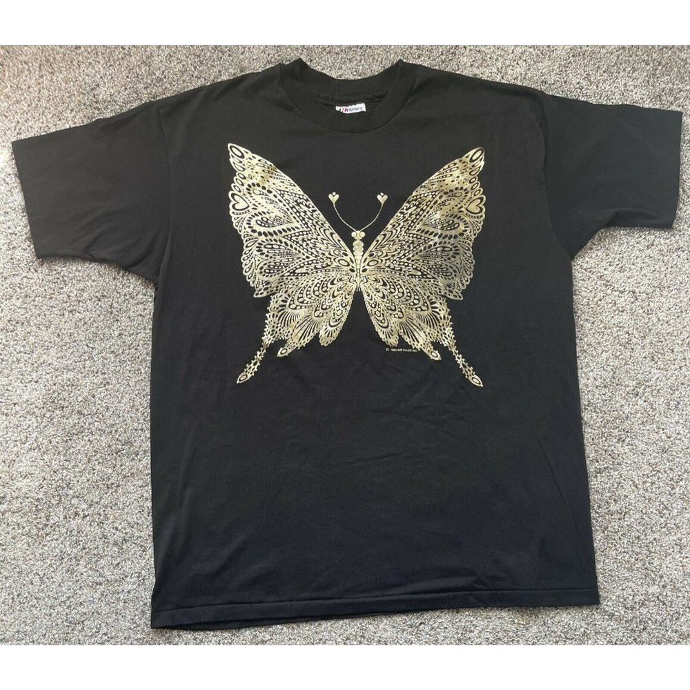 Vintage 1989 XL Air Waves Butterfly Gold Metallic Single Stitch T-Shirt USA